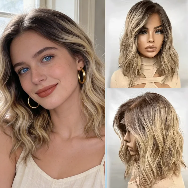 Soft Short Length Loose Wave Wig Woman Beautiful Streaks Ash Blonde Original Factory Cheap Wigs On Clearance Sale 14