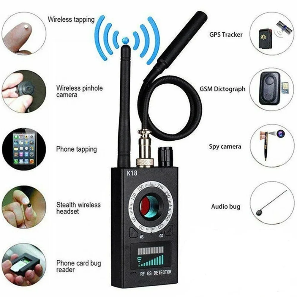 

K18 Anti-Spy Hidden Camera Detector GPS Signal Lens RF Signal Tracker GSM Audio Spy Bug Detect Anti Candid Cameras Wireless Scan