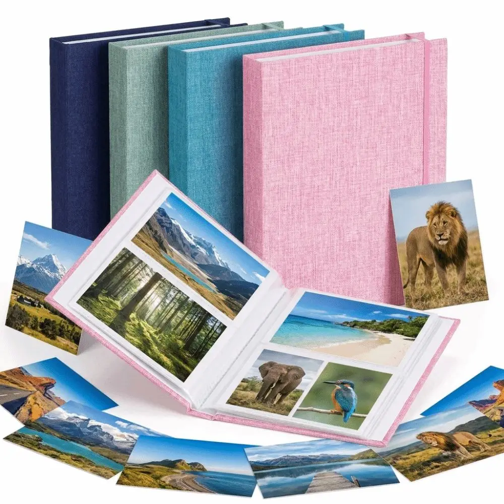 Slip-In Pages Photo Album Linen Cover Plastic Slip-In Pockets Memory Album Vintage Elastic Band Closure Linen Album Baby Growth