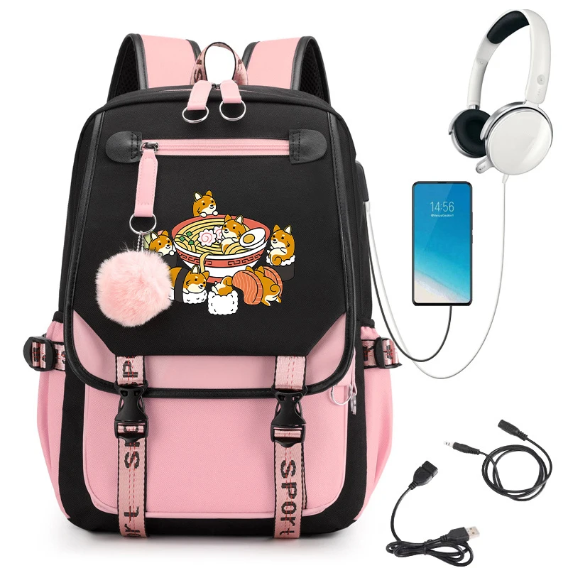 Usb Charging Schoolbag Ramen Shiba Cute Animal Cartoon Backpack School Backpack Back To School Backpack Bags Anime Bookbag