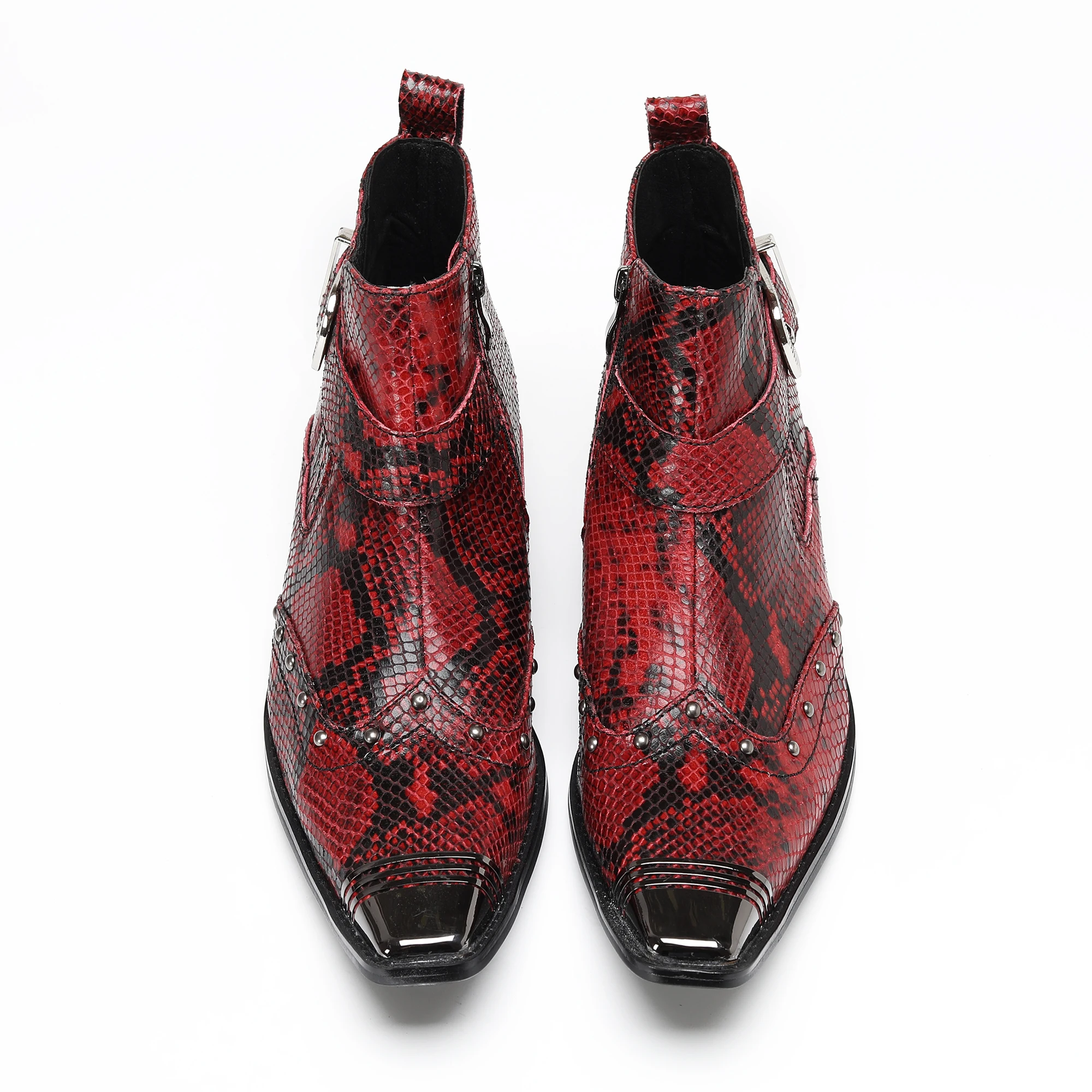 Glänzende, kurze Herrenstiefel mit Schlangenmuster, dekoriert mit Metallnieten und Schnallen, trendiges, personalisiertes Street-Style-Schuhwerk für Club, Bar und Party – Detail 18