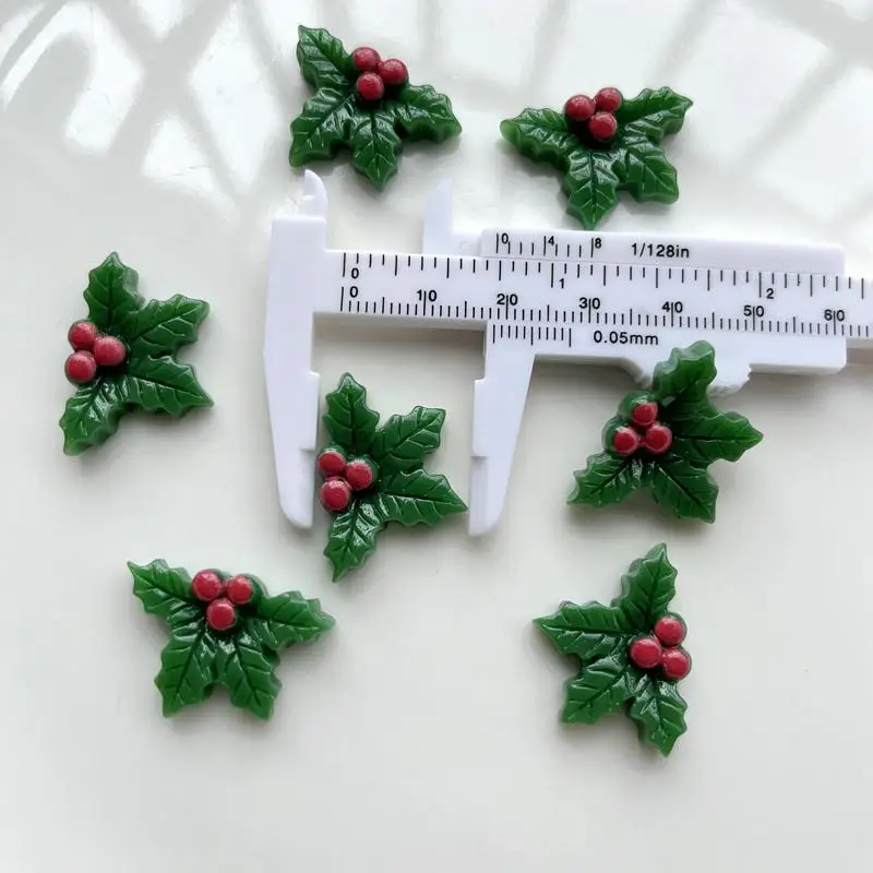 10pcs Resin Cute Christmas Holly Leaf Flat Back Cabochon Art Decoration Charm  resin flatback  25x19mm