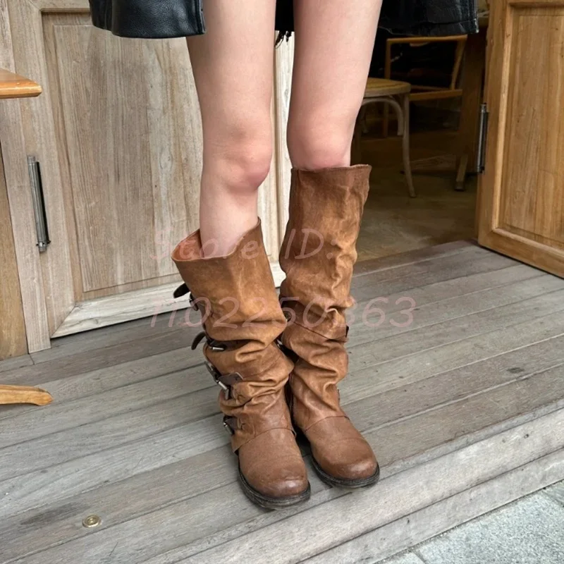 Retro Belt Buckle Mid-calf Boots Brown Round Toe Pleated Trouser Leg Thick Heel Boots for Women Side Zipper Modern Shoes 2024