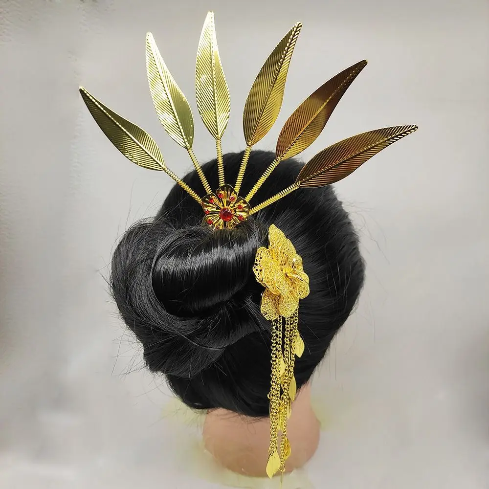 Ancient Style Headwear Thai Headdress Leaf Ancient Hanfu Headwear Metal Hair Sticks Crystal Flower U Shape Hairpin