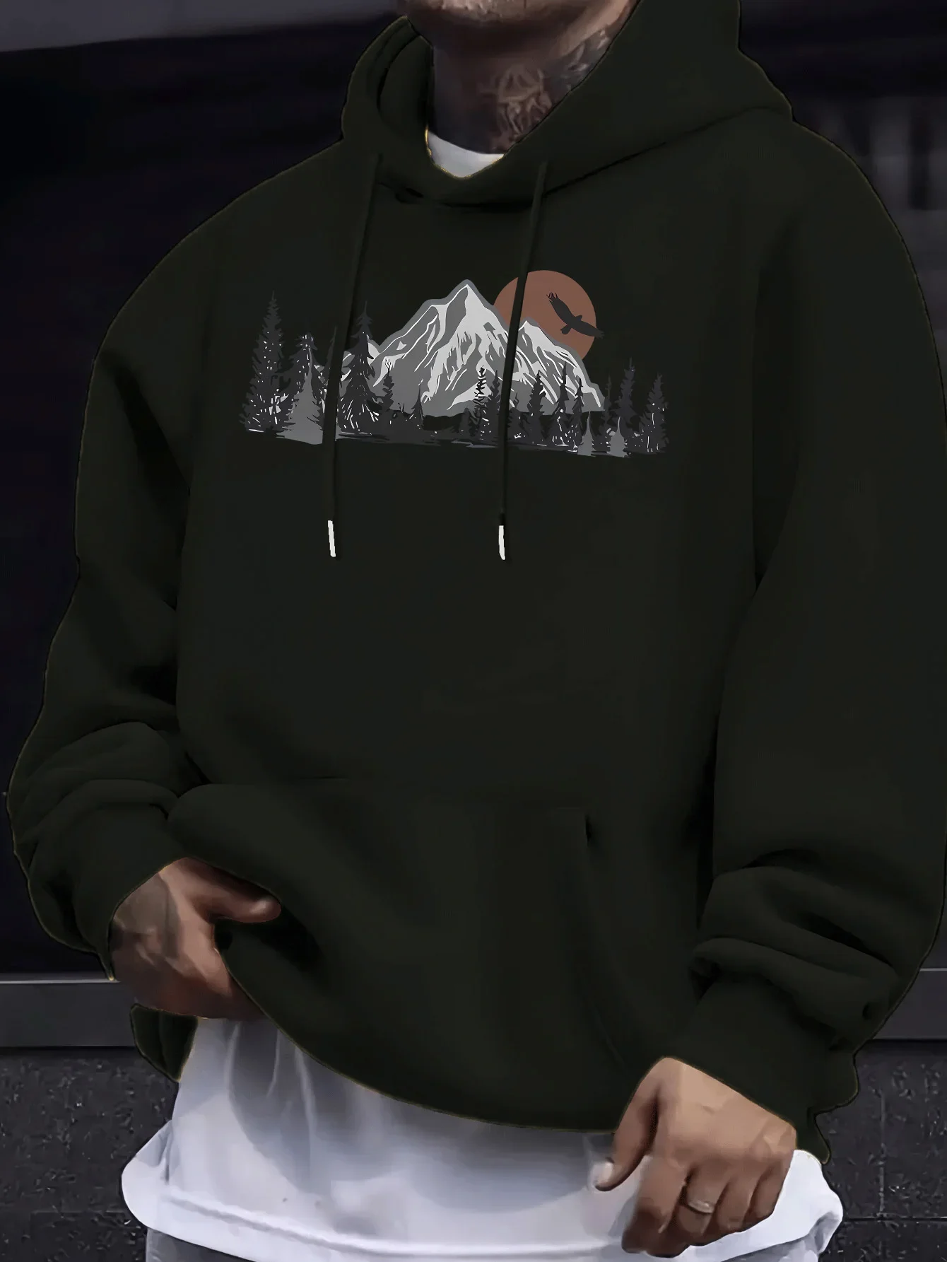 Men Oversized Pullover Hoodie Mountain Forest Eagle Sunset Chest Print Outdoor Streetwear Long Sleeve Fleece Sweatshirt Autumn