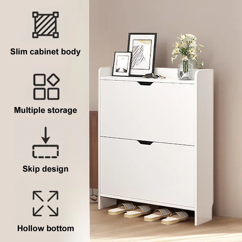 

2-Tier Wooden Shoe Organizer Cabinet with Flip Drawers Narrow Shoe Storage Cabinet Space Saving Slimming Shoe Rack for Hallway