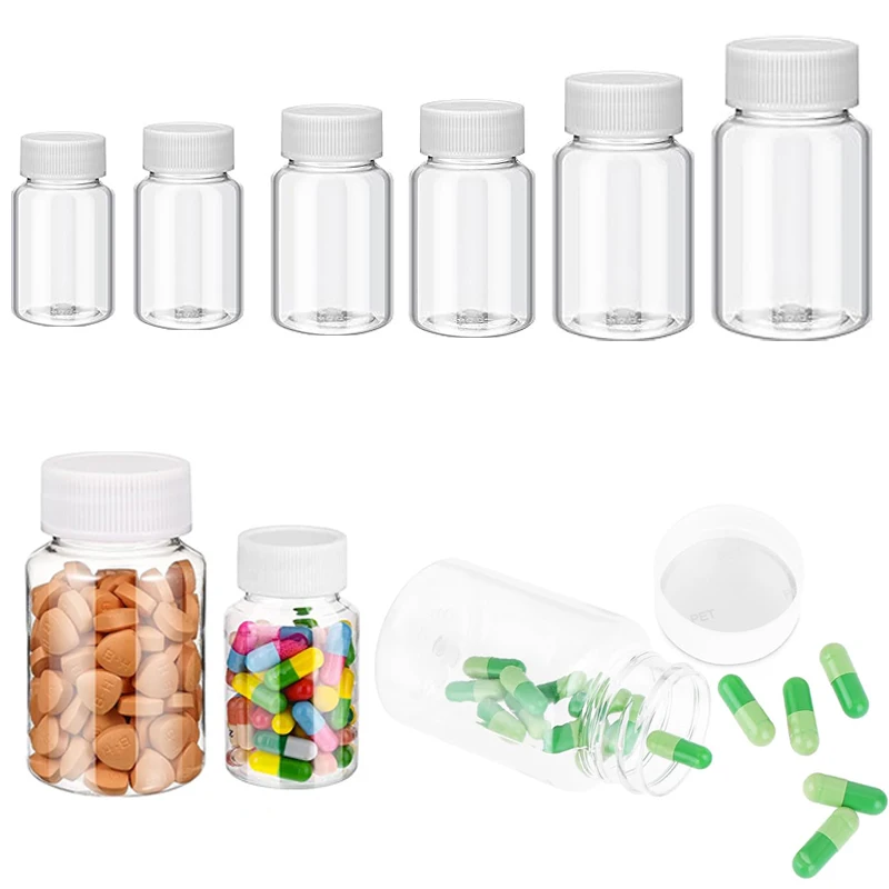 5PCS 15ml - 100ml Empty Plastic Clear Medicine Piller Bottles Refillable Seal Containers Solid Powder Vial Reagent Packing Botes