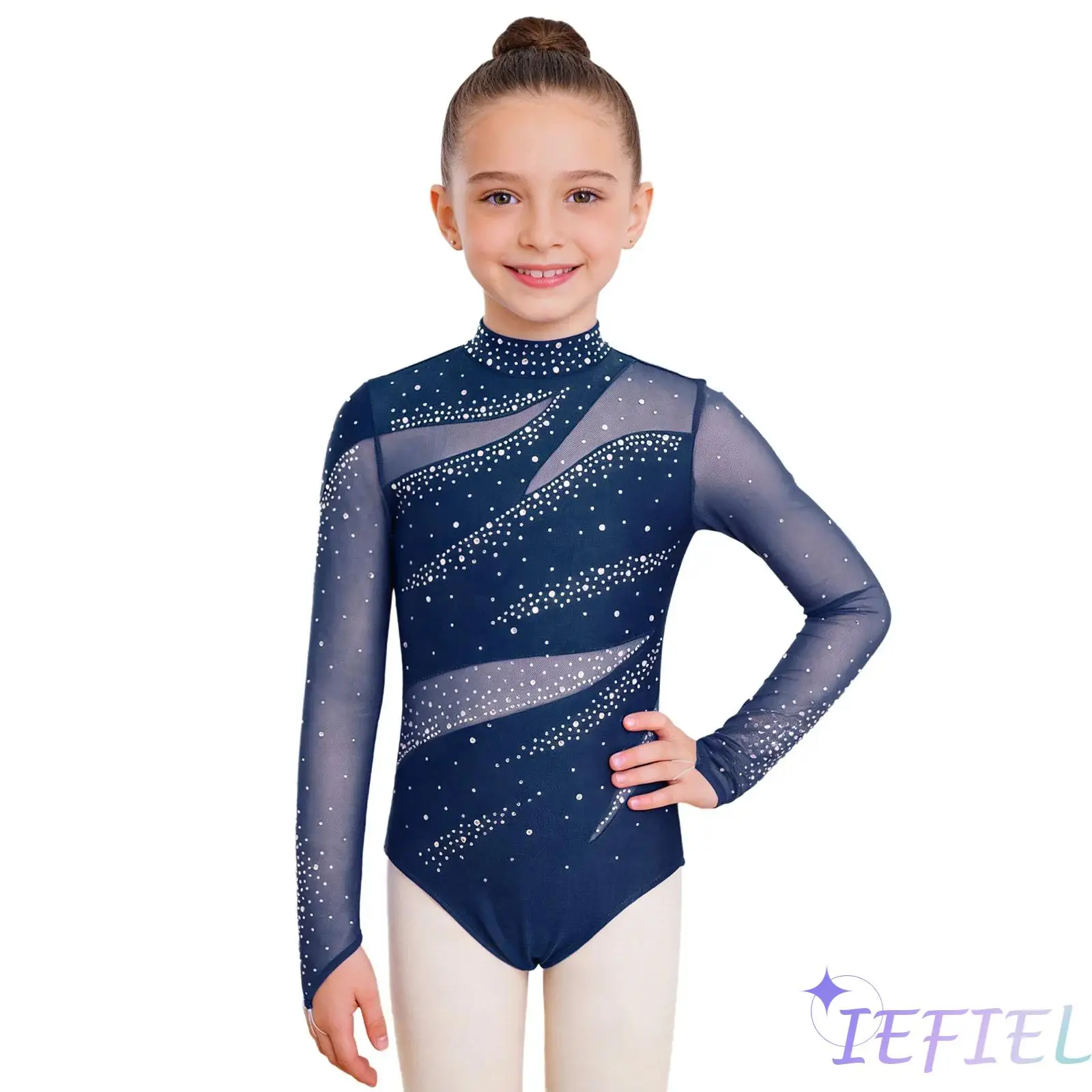 

Kids Girl Figure Skating Dance Leotard Mock Neck Long Sleeve Cutout Back Mesh Patchwork Glittery Rhinestones Gymnastics Bodysuit