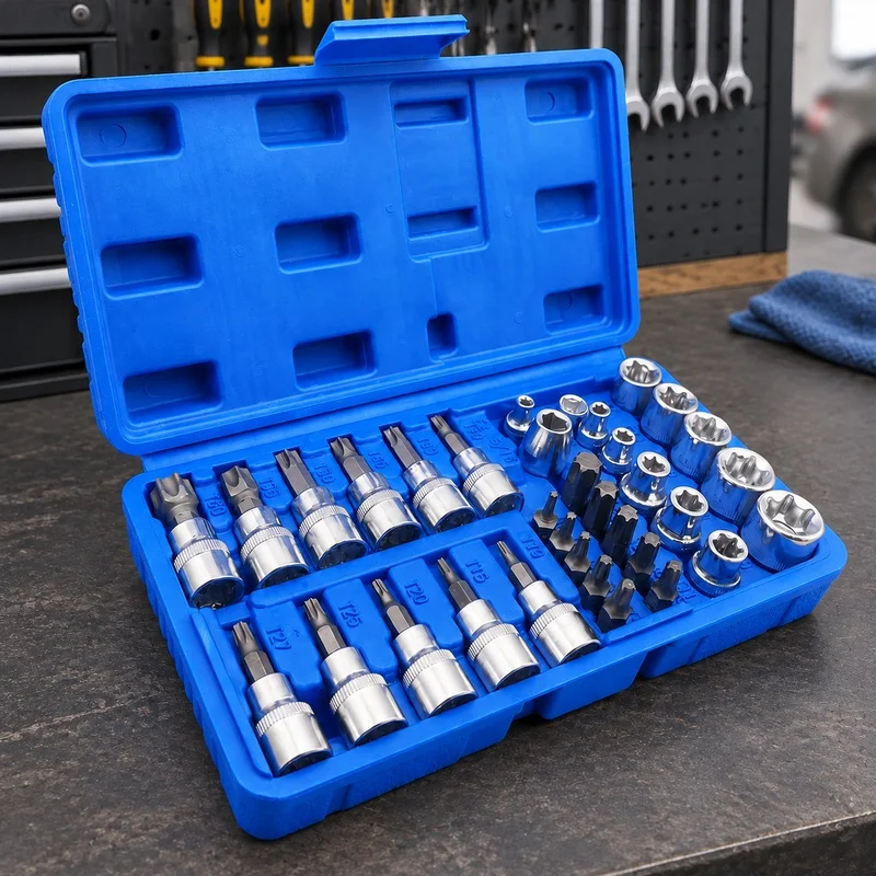 34-Piece Portable Torx and E-Torx Socket Kit with Male & Female Bits, Includes 1/4