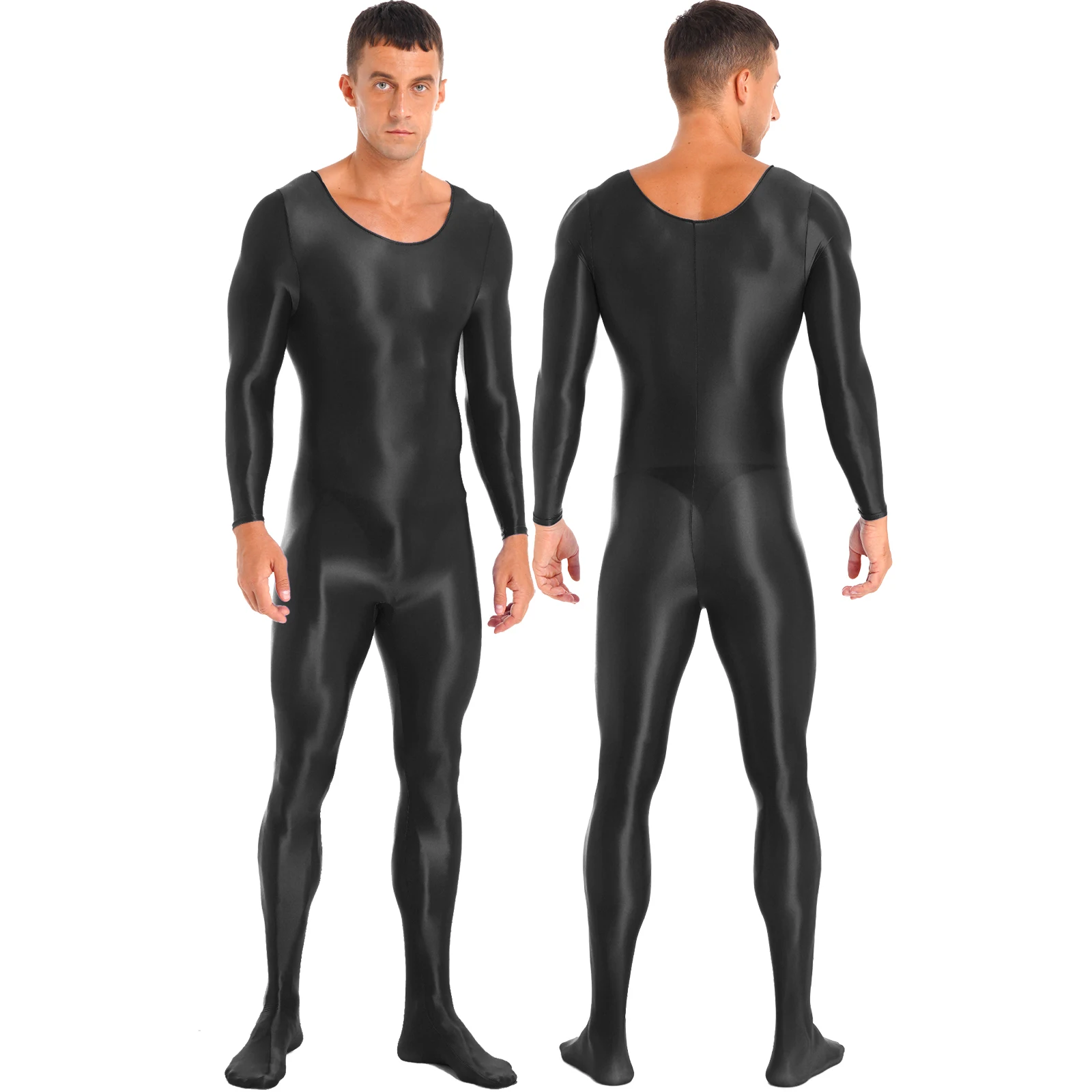 Mens Bodystocking Underwear Smooth Long Sleeve Solid Color Round Neck Bodysuit Pantyhose Nightwear Yoga Sports Fitness Tights