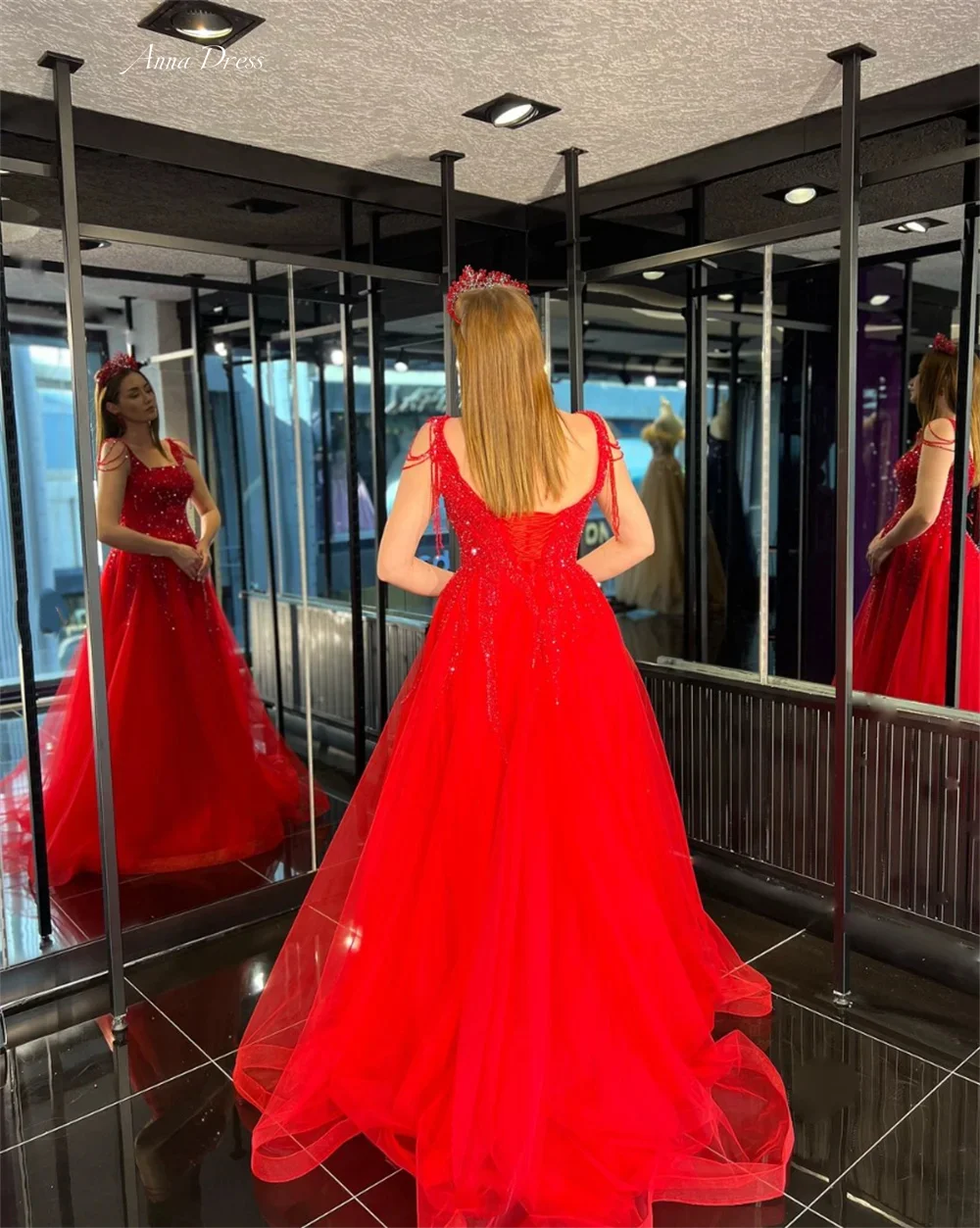 Anna Shiny Luxurious Women's Evening Dresses for Special Occasions Custom Made Wedding Party Dress Line A Red Floor-to-ceiling