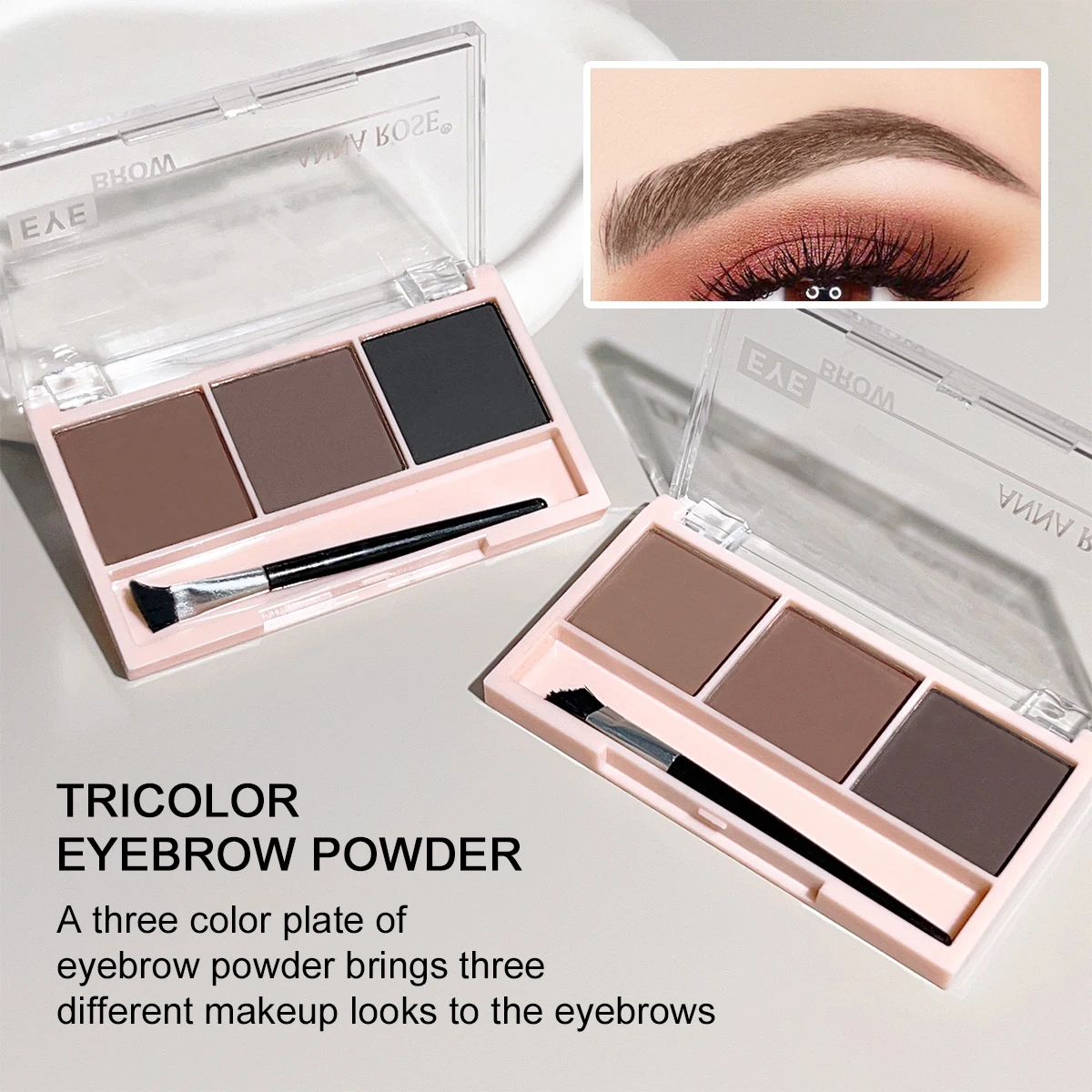 Three-color eyebrow powder with brush, waterproof, sweat-proof, non-peeling, nose shadow, eye shadow, affordable makeup