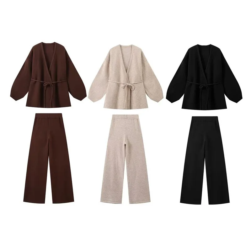 Women's fashion casual loose knitted solid color cardigan trousers set