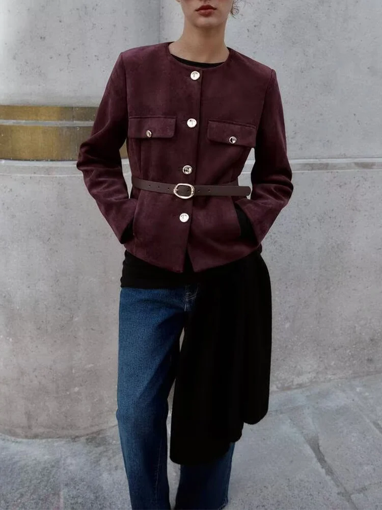 

European style new women's fashion versatile temperament solid color with belt round neck suede textured coat