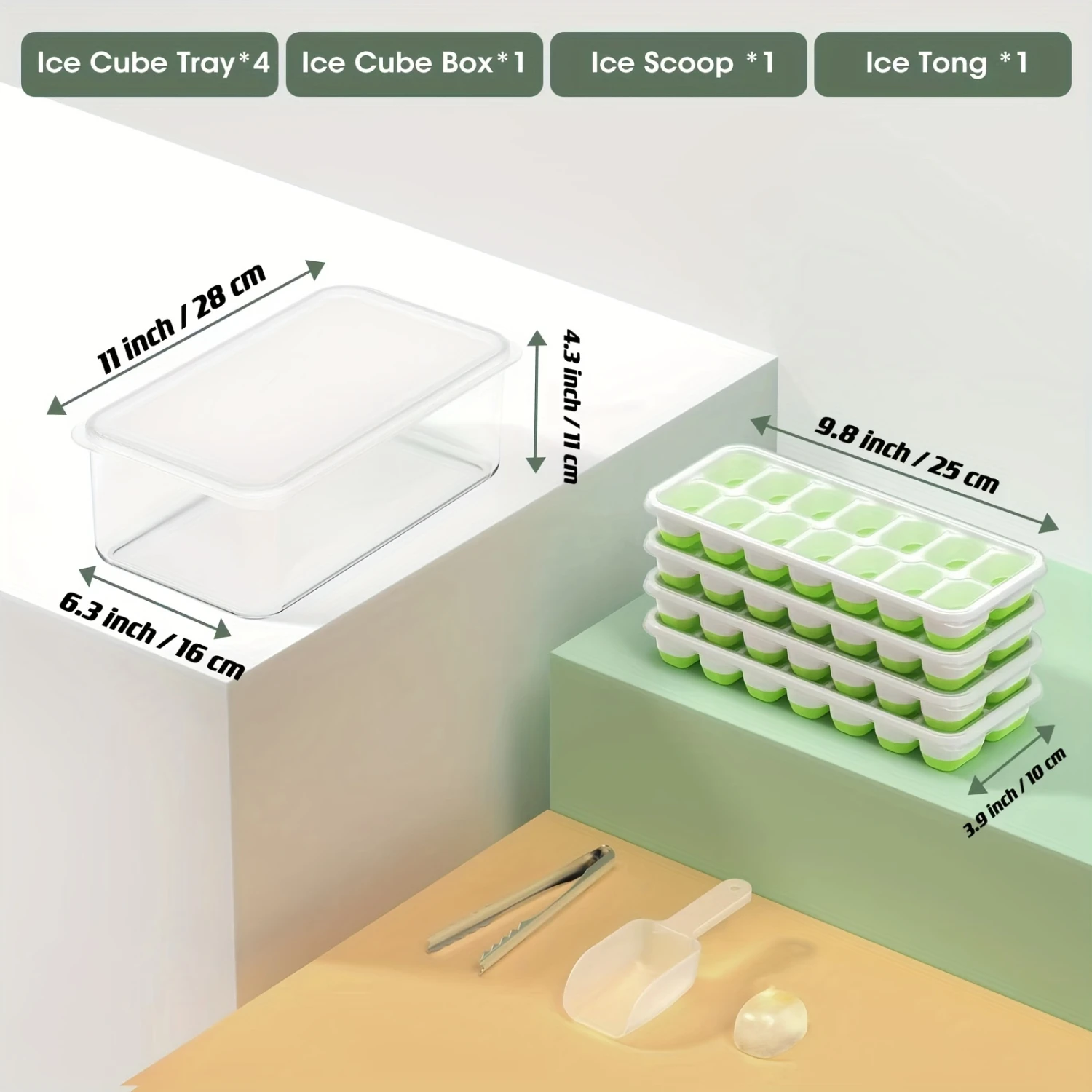 Silicone Ice Cube Tray Set with Lid and  Ice Bucket - 4 Pack Stackable Ice Trays with Scoop and Tongs, Durable Ice Mold for Free