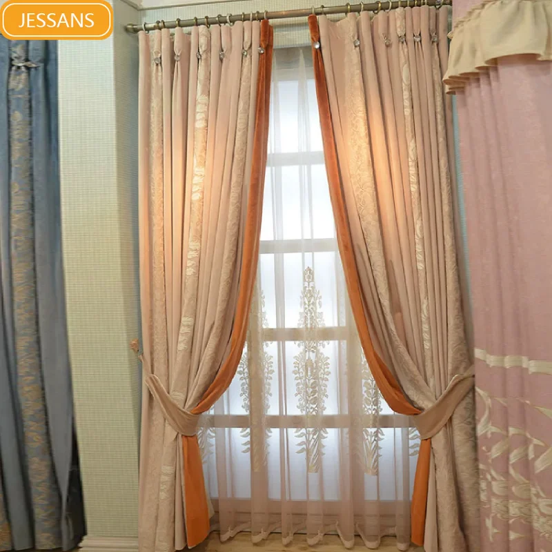 Beige Blue Thickened Velvet Splicing Blackout Curtains for Living Room Bedroom French Window Customized Finished Window Screen