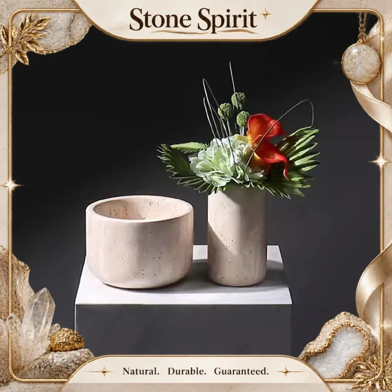 Retro Wabi-sabi Style Cave Stone Material Vase Light luxury Hotel Lobby Irnaments Living Room Desktop Decorative Bowl Flower