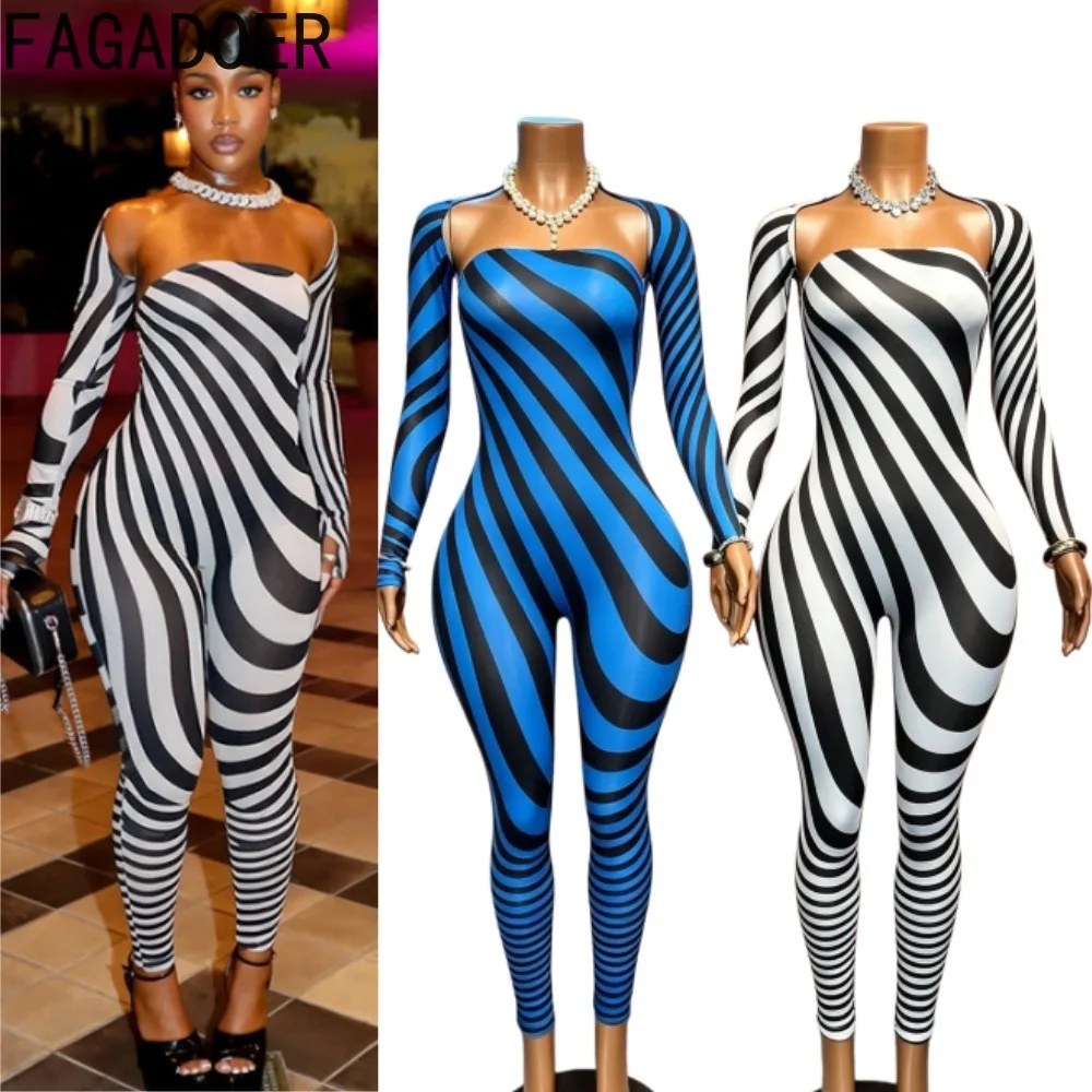 FAGADOER Women Striped Print 2 Piece Set Strapless Bodycon Jumpsuit + Long Sleeve Shrug Matching Tracksuits Club Y2K Streetwear