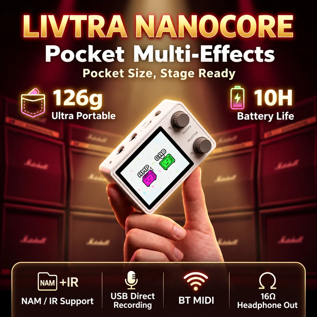 [Inc.Tax]LIVTRA NANOCORE Mini Guitar Multi Effects Processor with NAM IR Loader 2.4 Inch Color Screen USB Recording