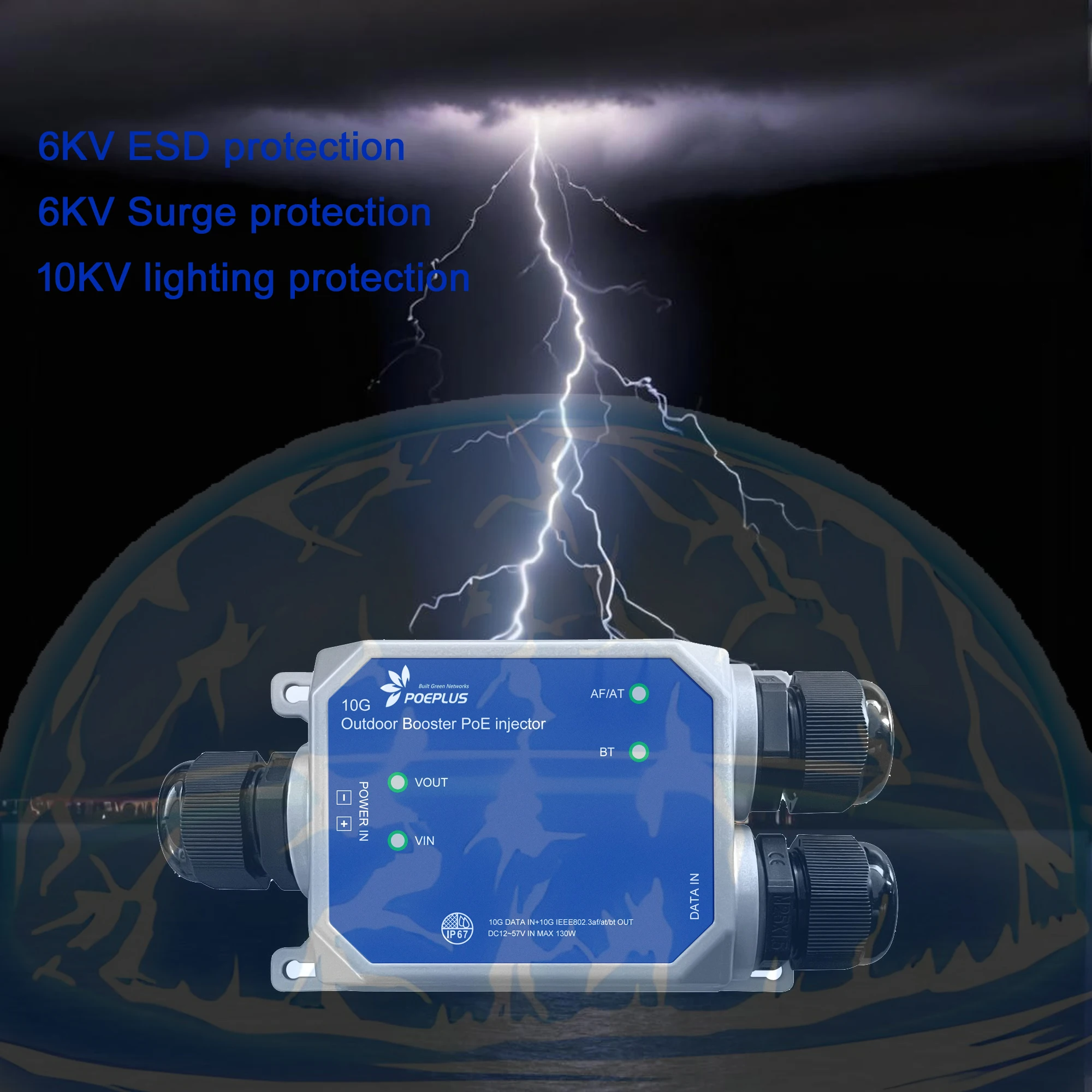 Hasivo 10Gbe Outdoor Passive PoE Injector, 60/120/320W Optional ,12-57Vdc In ,24V Non-Standard POE, 6KV Surge Protection,IP67