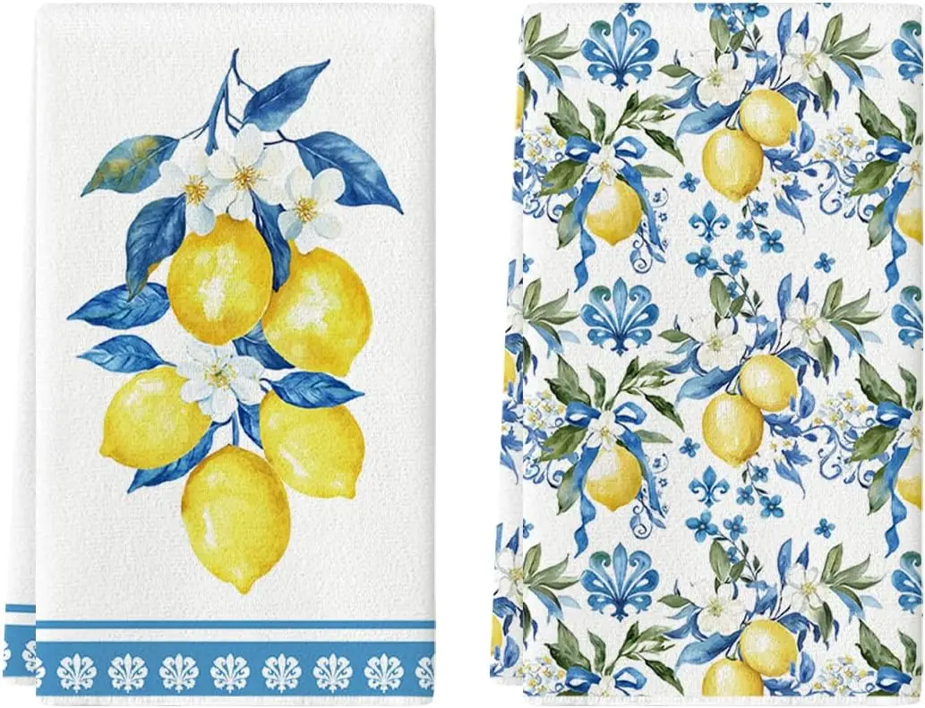 Summer Lemon Flowers Kitchen Dishcloths Towels Sets Cleaning Supplies Absorbent Hand Towels Set Kitchens Accessories