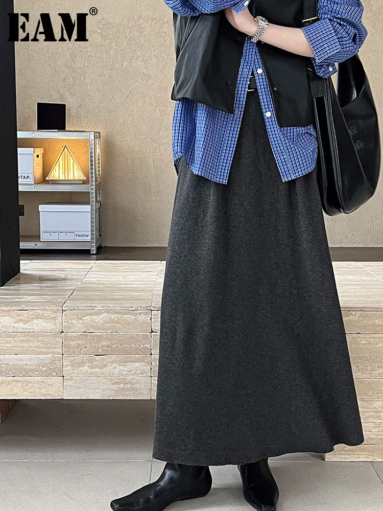 

[EAM] High Waist Gray Belted Knitting Elegant Long A-line Half-body Skirt Women Fashion Tide New Spring Autumn 2024 1DH7601