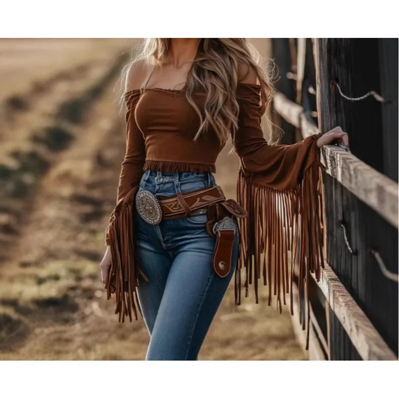 

Vintage Tassel Off-Shoulder Women's Shoulder Top T-Shirt