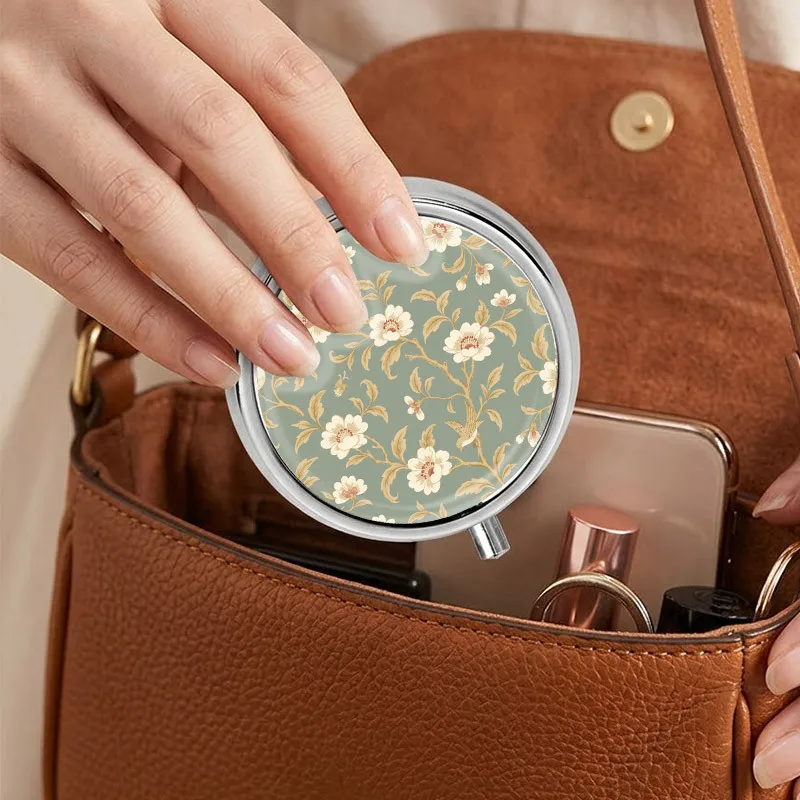 Vintage Metal Pill Box Three-Compartment Portable Travel Pill Box Sage Green Floral Bird Pattern Small Pill Storage Box Vitamin Storage Container Decorative Pill Box Unique Fashion Gift Daily Supplement Dispenser view 4
