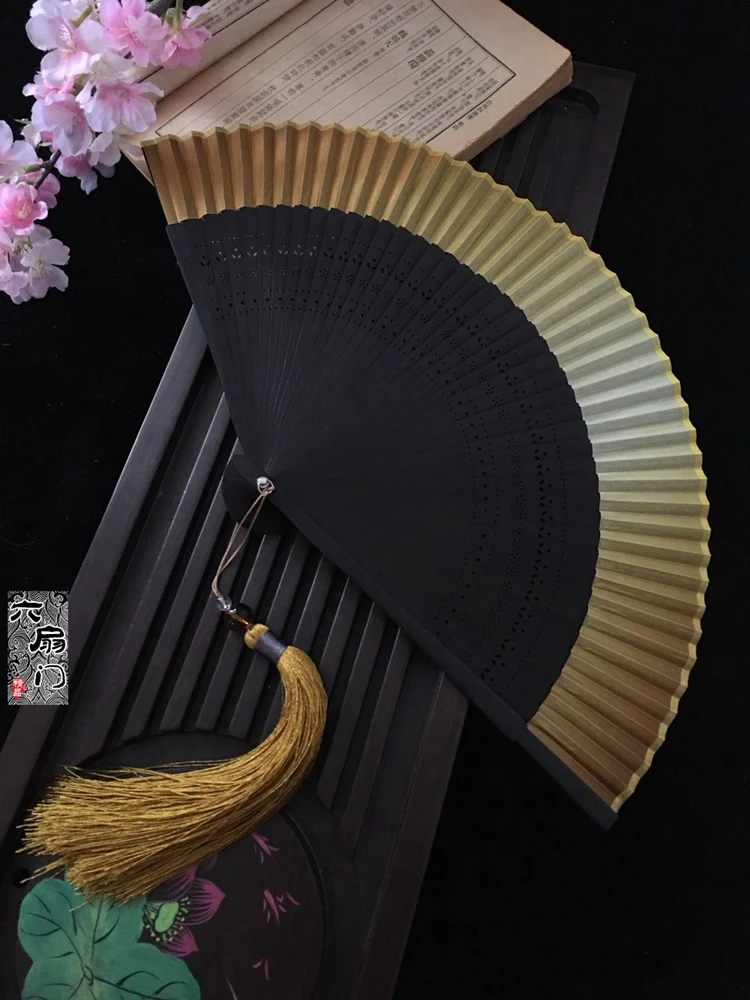 Edo Japanese Style Japanese Style Folding Fan Kimono Fan Real Silk Female Fan Small Flower Carved Gradient Blank Fan Golden