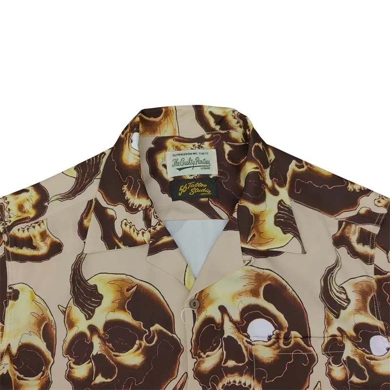 Summer Trend WACKO MARIA Retro Full Print Skull Hawaii Beach Casual Short Sleeve Shirt Men's Women's Brand Shirt