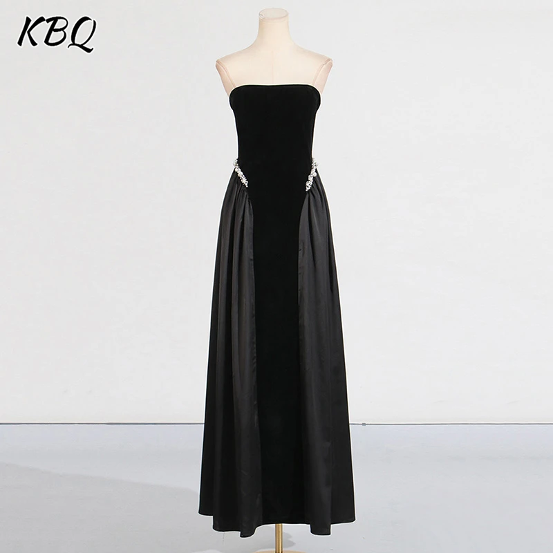

KBQ Elegant Spliced Diamonds Evening Dress for Women Strapless Sleeveless Backless Tunic Patchwork Lace Up Long Dresses Female