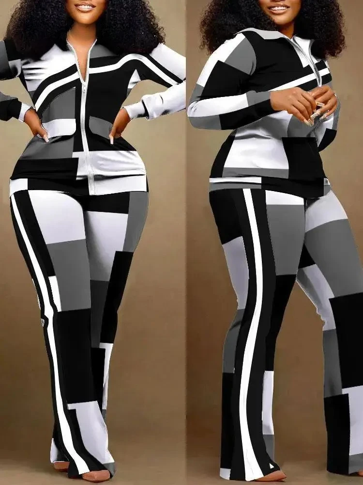 

Элегантные женские комплекты, осенний клетчатый топ на молнии с длинным рукавом, тонкие брюки-клеш, повседневный комплект из 2 предметов, модные спортивные женские костюмы
