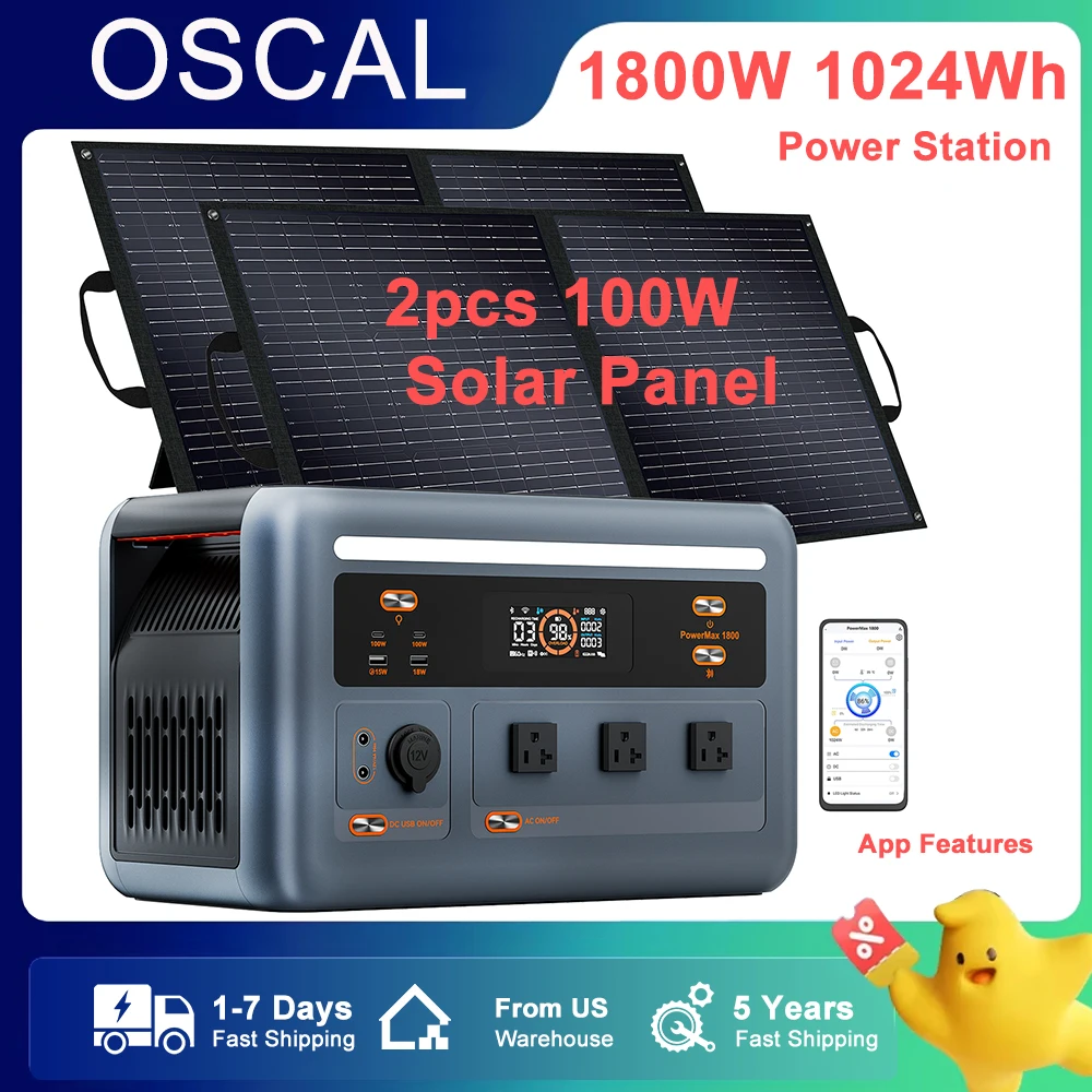 

[US Plug] OSCAL powermax1800 Solar Portable Power Station with 2pcs 100W solar Panels 1800W 1024WH Solar Generator For Road Trip