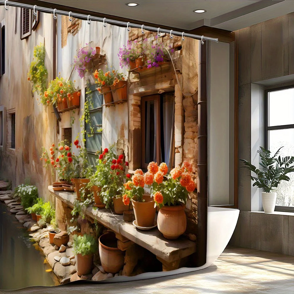

Serene European Canal Shower Curtain - Rustic Stone Buildings with Vibrant Flowers, Calm Canal Design, Vintage Bathroom Decor