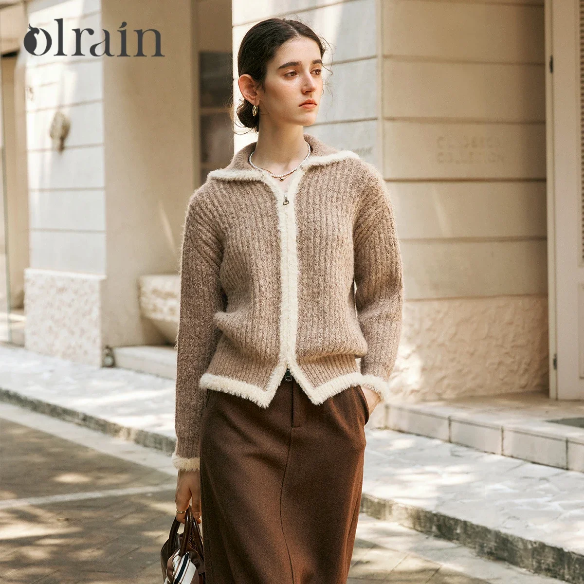 OLrain French Style Women Brown Knit Cardigan Spliced Lapel Drop Sleeve Double Zipper Winter Knit Outerwear O56DM95269