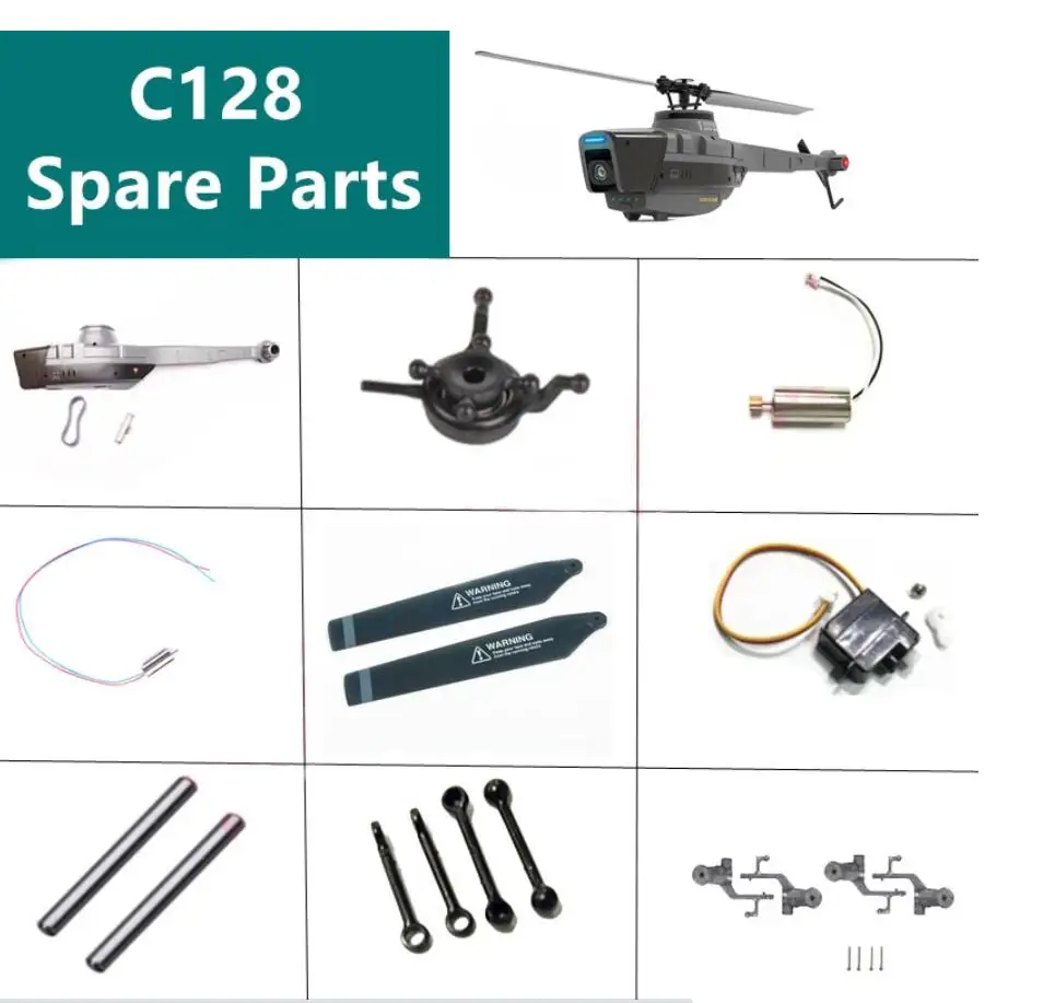 C128 RC Helicopter Spare Parts propeller motor rotor head main shaft swashplate servo receiver chassis tail rod chassis etc