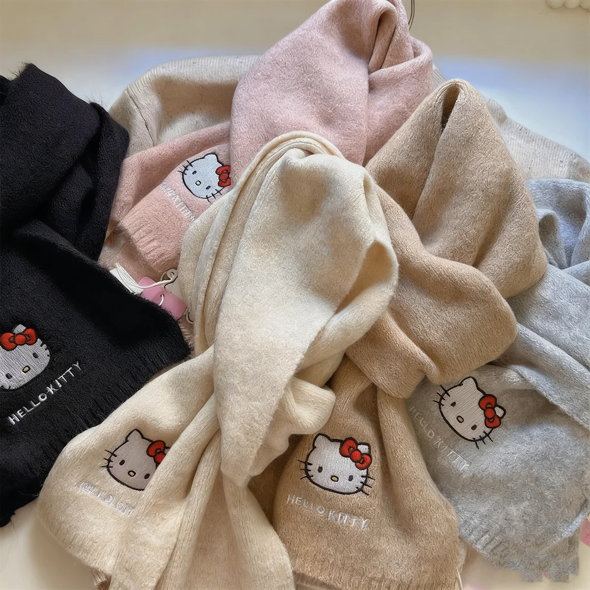 

Miniso натуральный вязаный шерстяной шарф Sanrio Hellokitty, милый зимний толстый теплый шарф, подарок на Рождество и день рождения