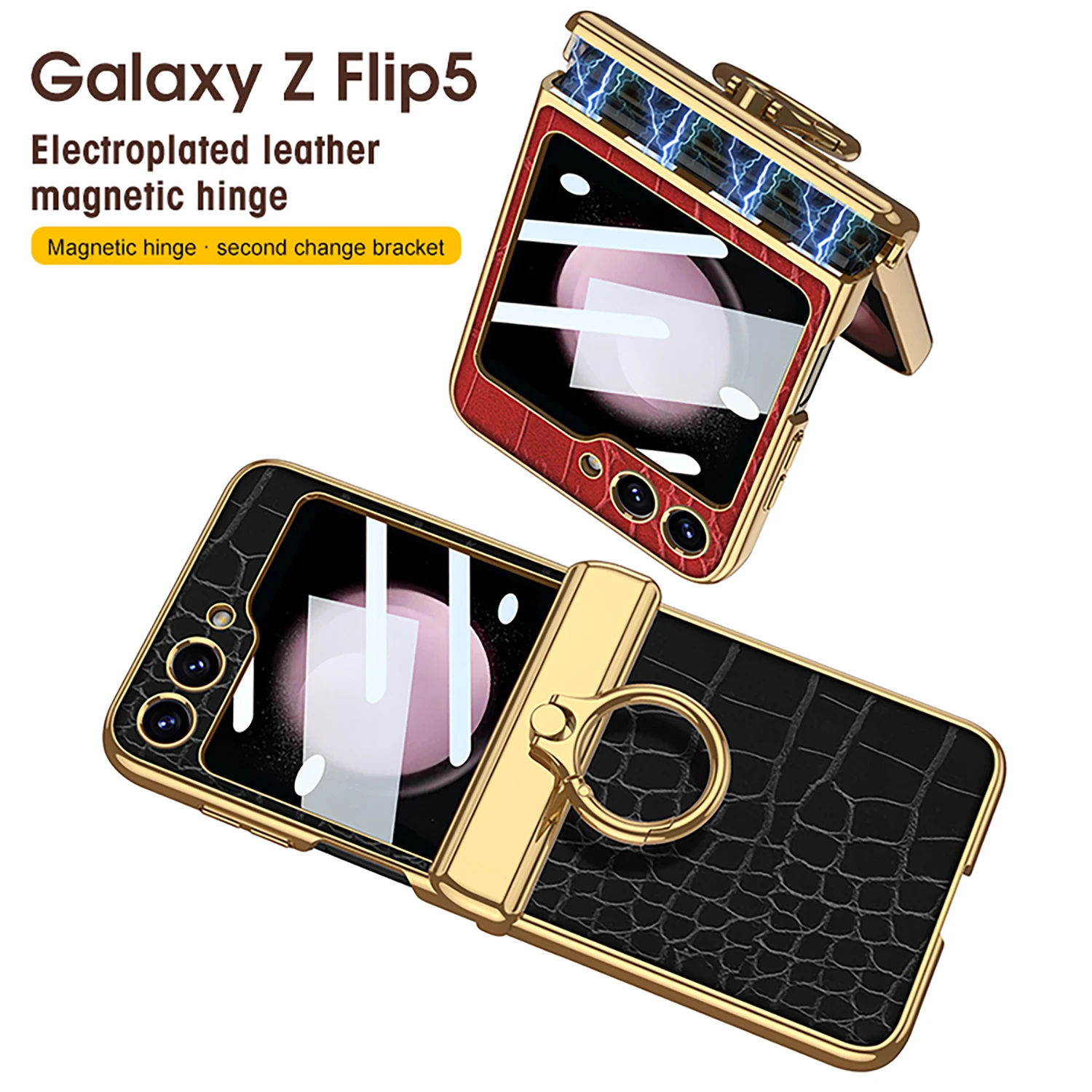 Electroplating Crocodile Skin PU Leather Ring Phone Case for Samsung Galaxy Z Flip 5 Flip5 5G Hard Shell Hinge Protection Cover