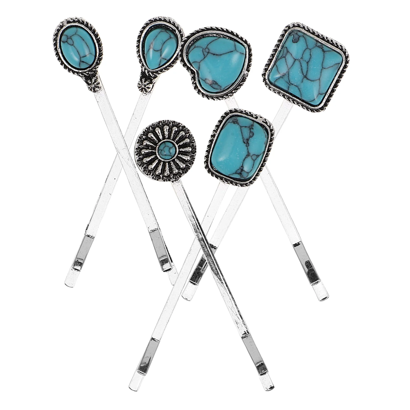 

6Pcs Turquoise Chinese Hair Clips Heart Flower Decorative Bobby Pins Fashion Hair Accessories for Women Occasions