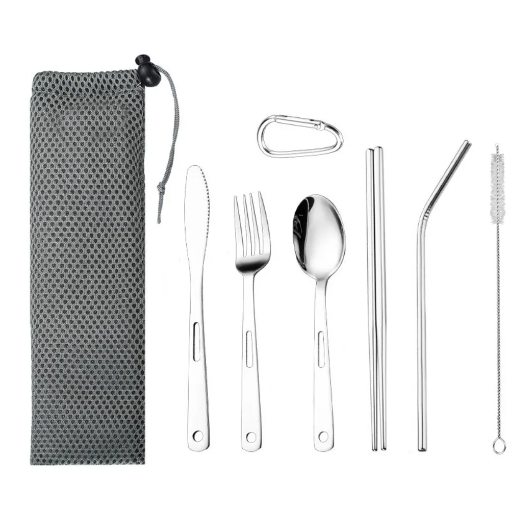 

Portable 4/7pcs Camping Cutlery Set Black/Silver with Buckle and Storage Bag Flatware Set Stainless Steel Spoon Fork Set Hiking