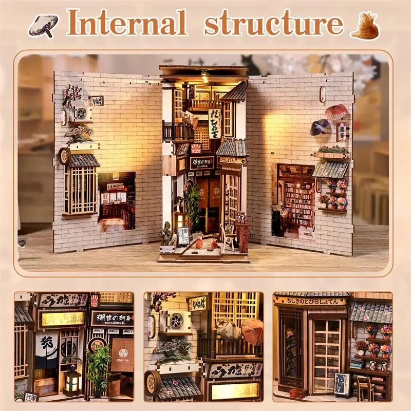 

3D Wooden Book Nook Kit, Cat's Alley DIY Miniature House - Hand-Assembled Bookend & Home Decor, Christmas and Black Friday