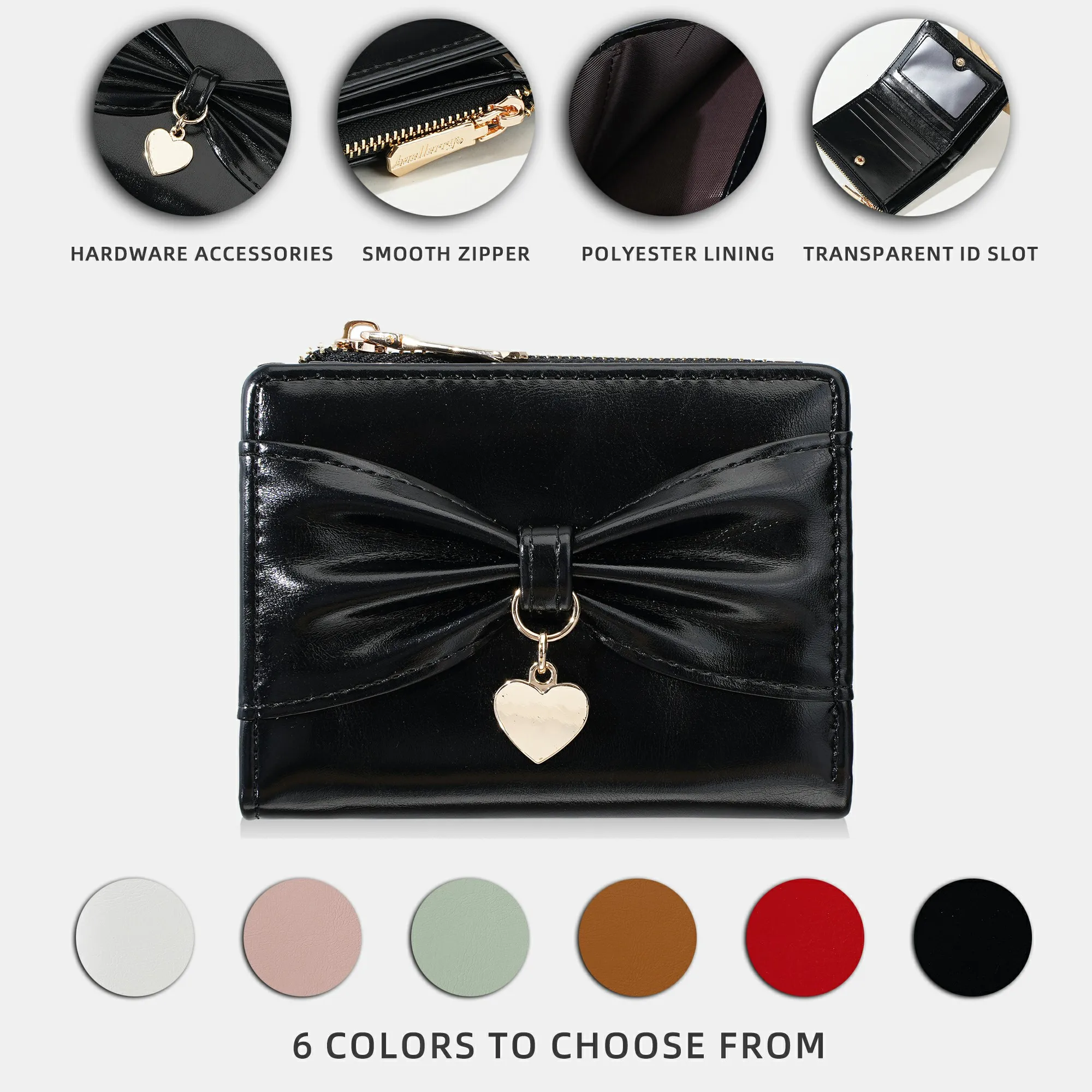 1 Stück Damen-Mini-Geldbörse mit Schleifenmuster, tragbare Münztasche in Herzform, leichte Taschen-Geldbörse für Reisen und Urlaub, einfarbige, minimalistische Kartenhülle, süße Geldbörse in Dopamin-Farben für Mädchen, das perfekte Geschenk für Mädchen. – Detail 5