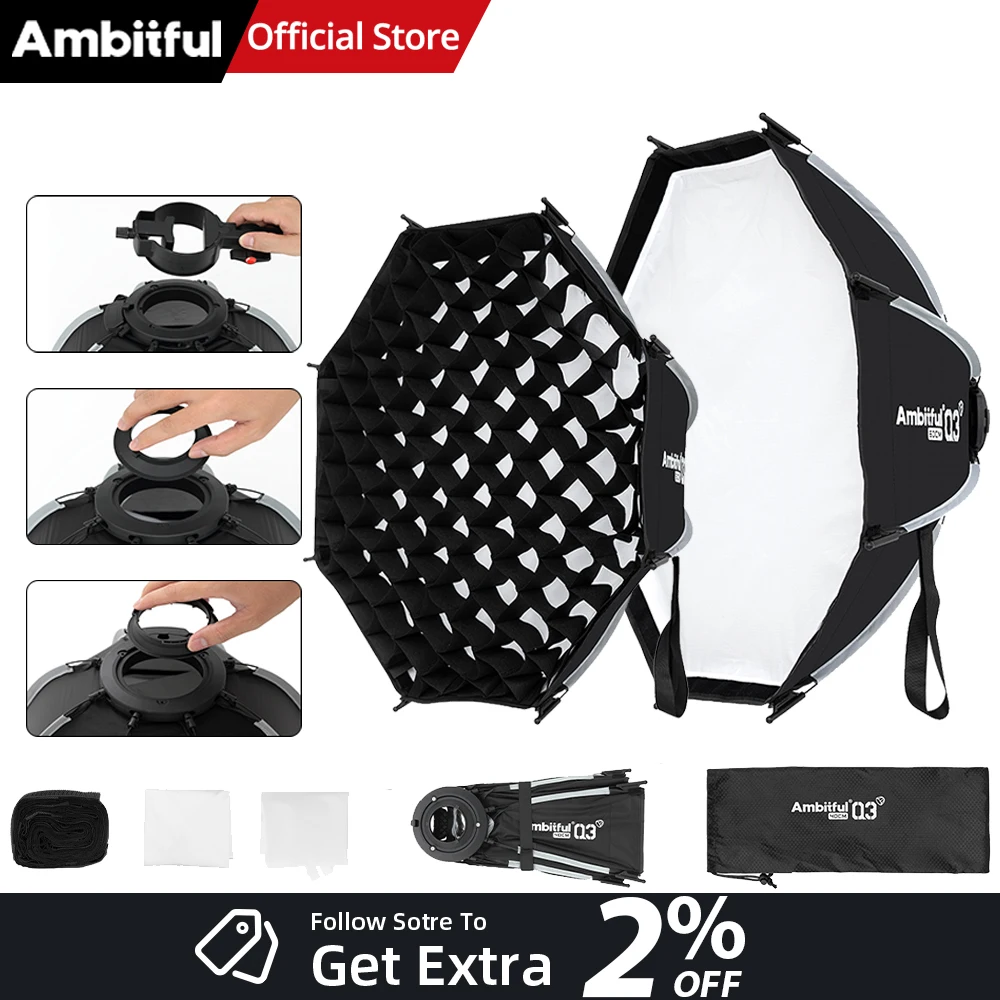 New AMBITFUL Q3 Quick Release Softbox With Optional Grid,Mini Bowens,GODOX Mount,Flashlight Bracket For GODOX YONGNUO NANLITE