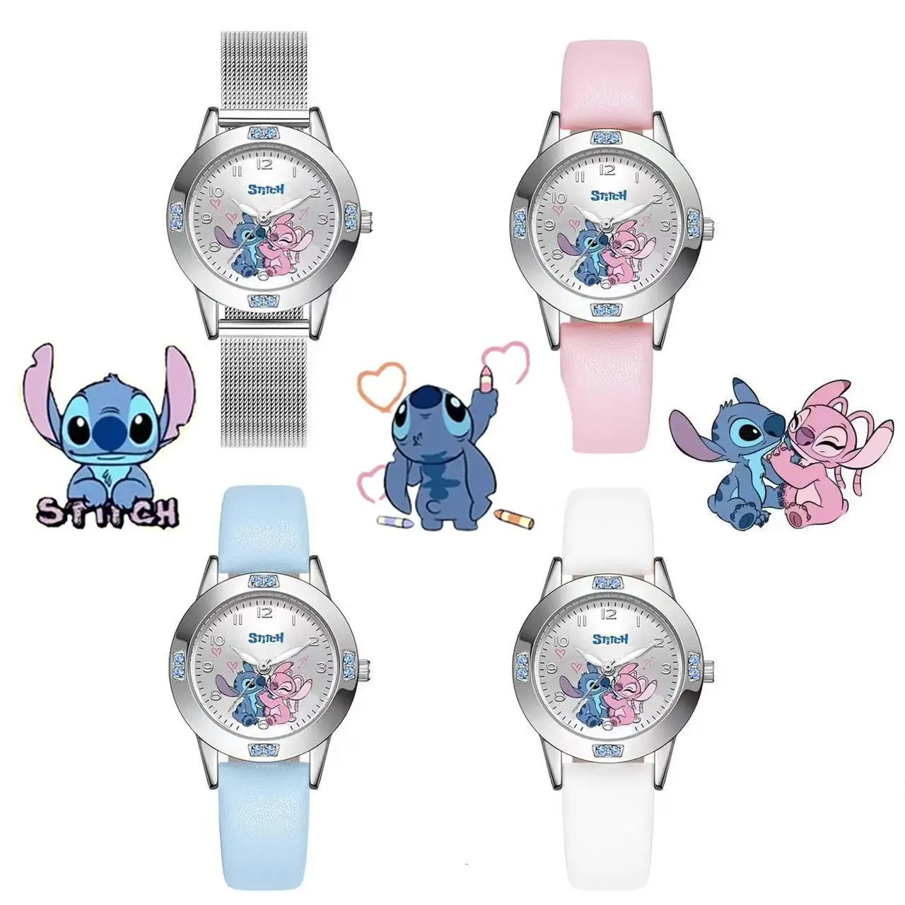 Disney Anime Cartoon Children Angie Stitch Kids Boys Girls Diamond Quartz Watches for Primary School Studen Steel Watch Gift