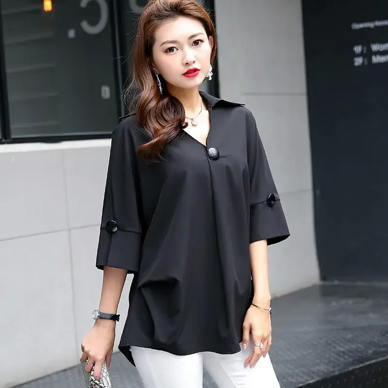 Western Style Large Size Short Sleeved Casual Loose Shirt for Women\'s New Summer Slimming Covering the Belly Quality Chiffon Top