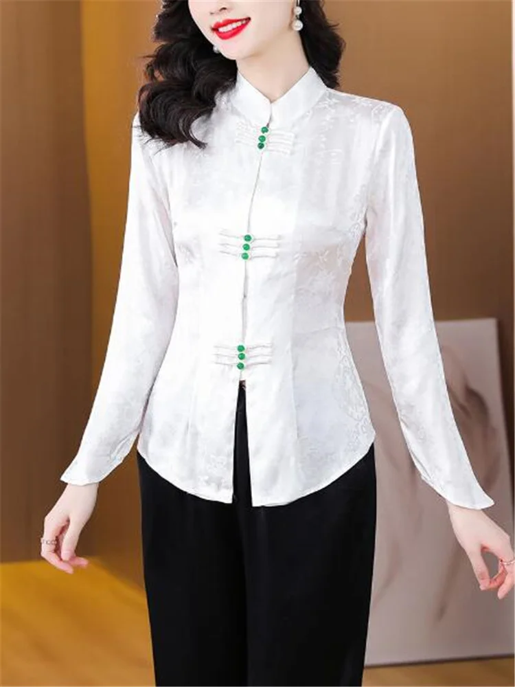 

Retro Blouses Chinese Shirt For Women Standing Collar White Shirt Button Up Vintage Top Satin Woman Blous Grace Feminine Shirts