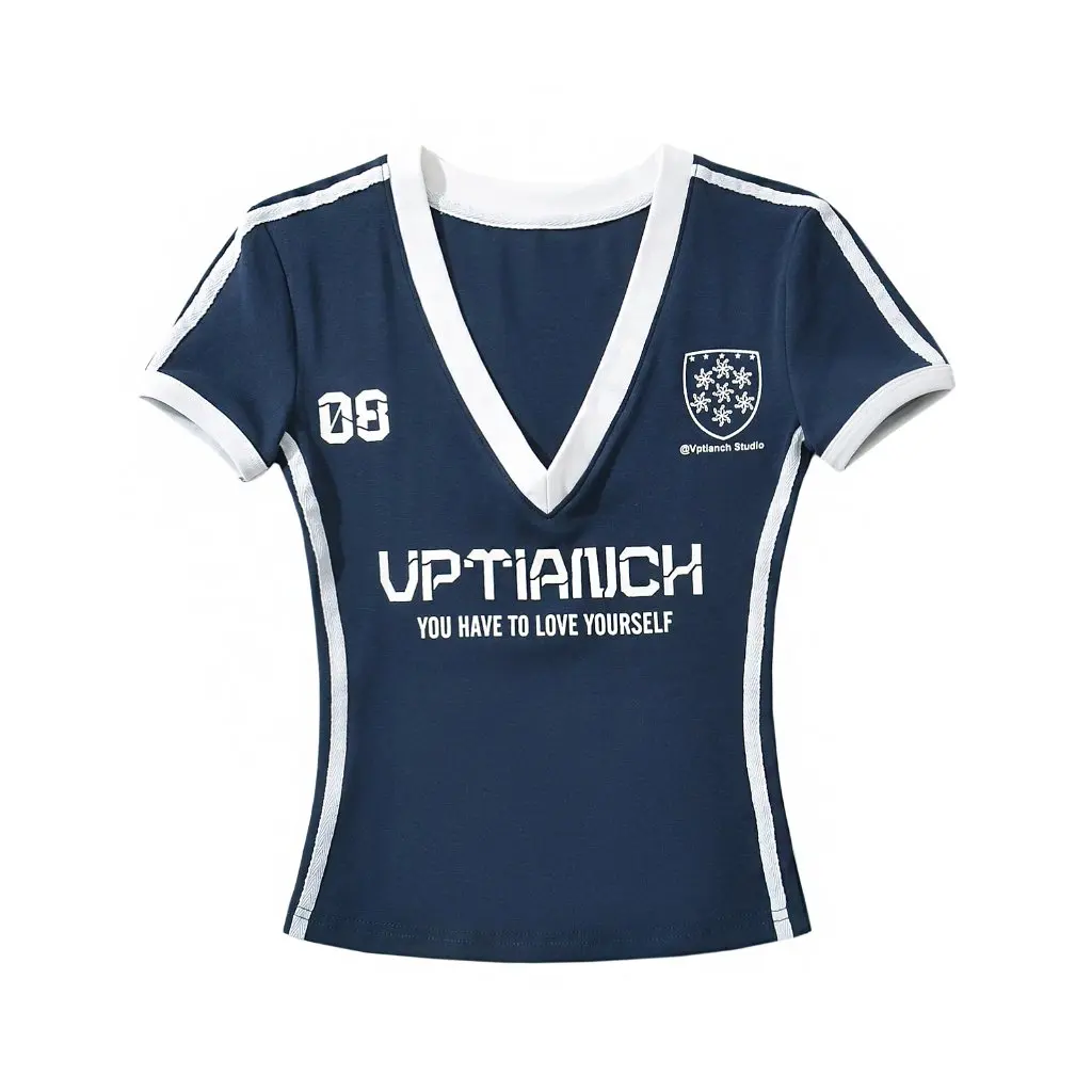 

Женская облегающая футболка с v-образным вырезом в американском стиле, летний повседневный топ с короткими рукавами и принтом для девочек, с узкой талией и плечами для похудения