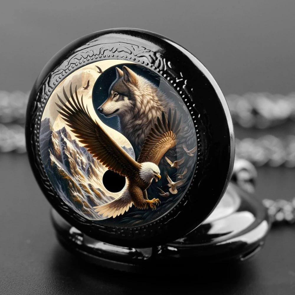 Reloj de bolsillo con diseño de Lobo y águila para hombre y mujer, pulsera de cuarzo con cúpula de cristal, cadena duradera, esfera de números árabes, regalos creativos