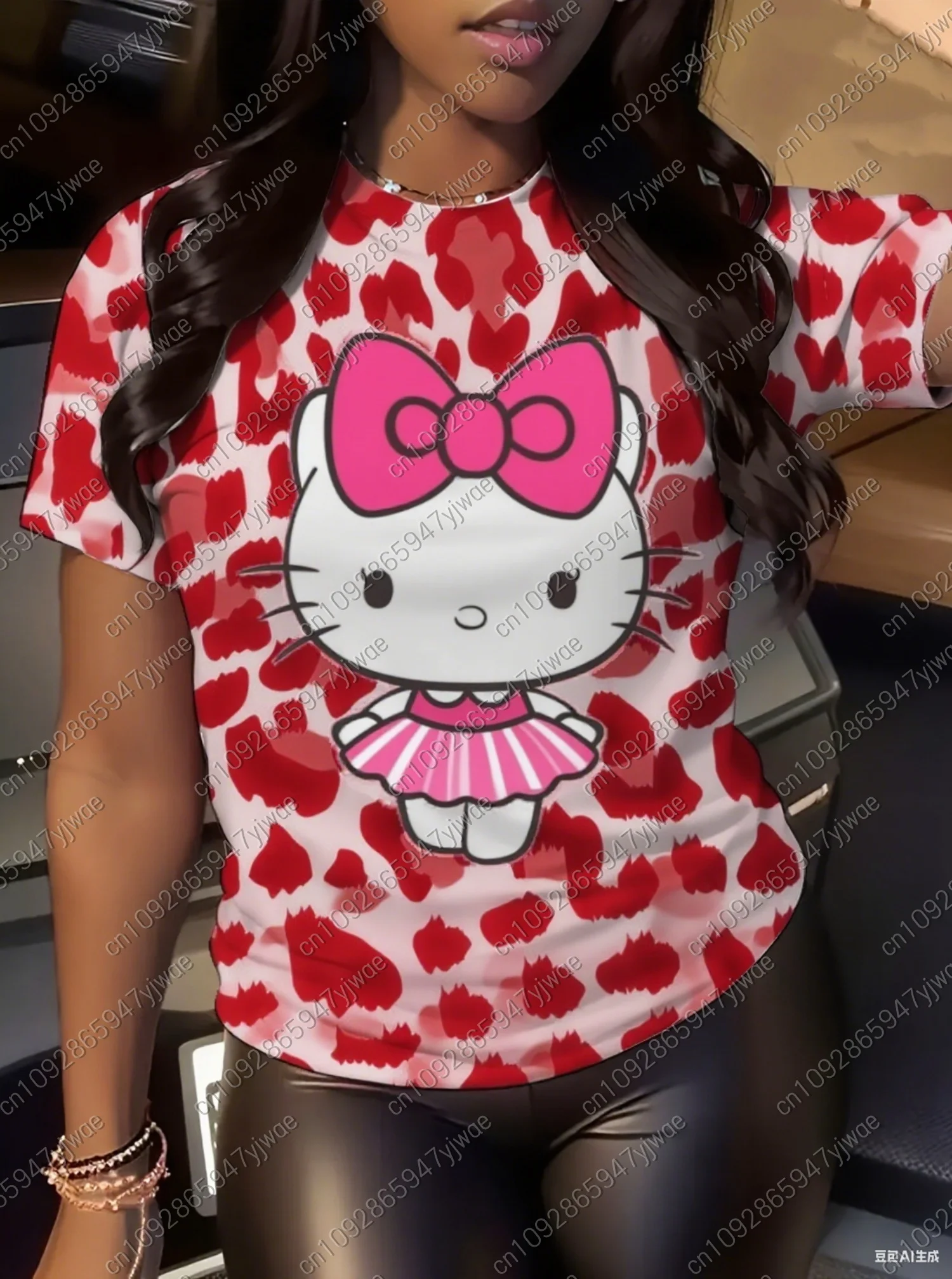 2025 Donna Leopard KITTY Stampa Donna Estate Basic Manica corta O-Collo Tees Casual Retro Ladies Sport Plus Size Abbigliamento donna