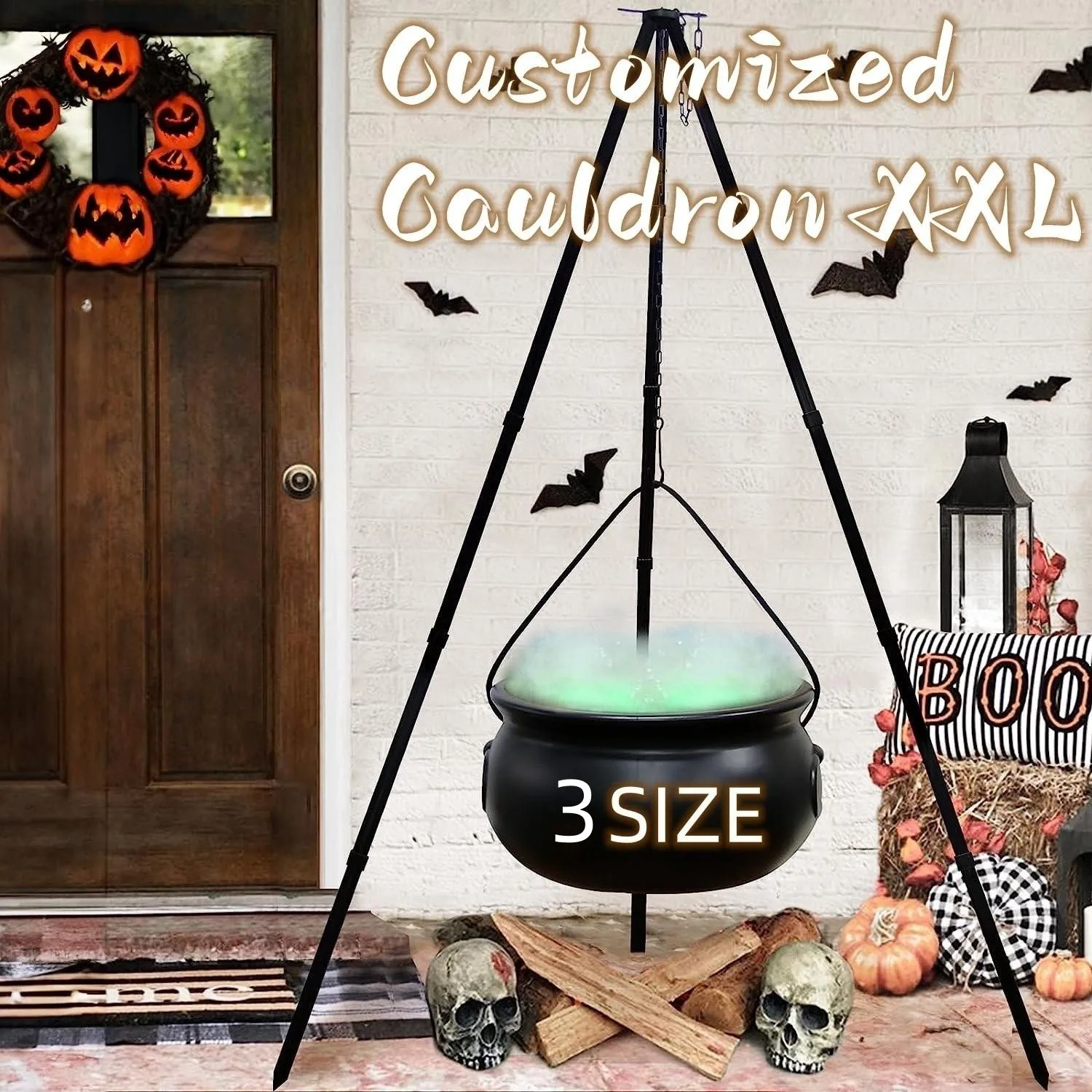 51in Halloween Decor Outdoor 12in Large Witch Cauldron on Tripod with Lights Black Plastic Bowl Party Hocus Pocus Candy Bucket